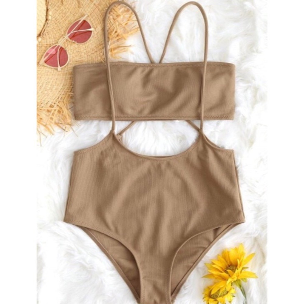 Bandeau Top and High Waisted Slip Bikini Bottoms